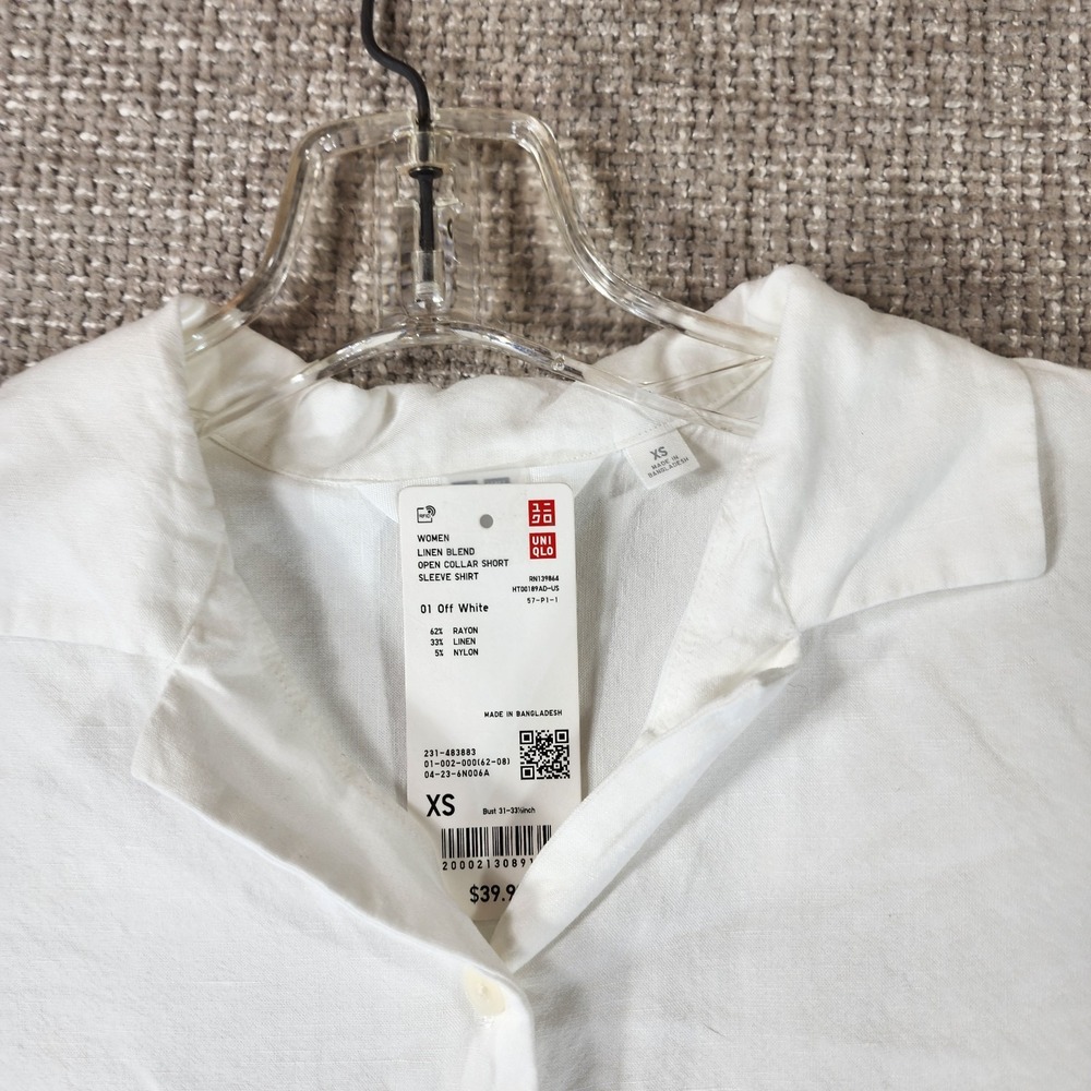 Uniqlo Linen Blend Open Collar Shirt Womens SS White Boxy Cropped Relaxed NEW - Picture 9 of 10
